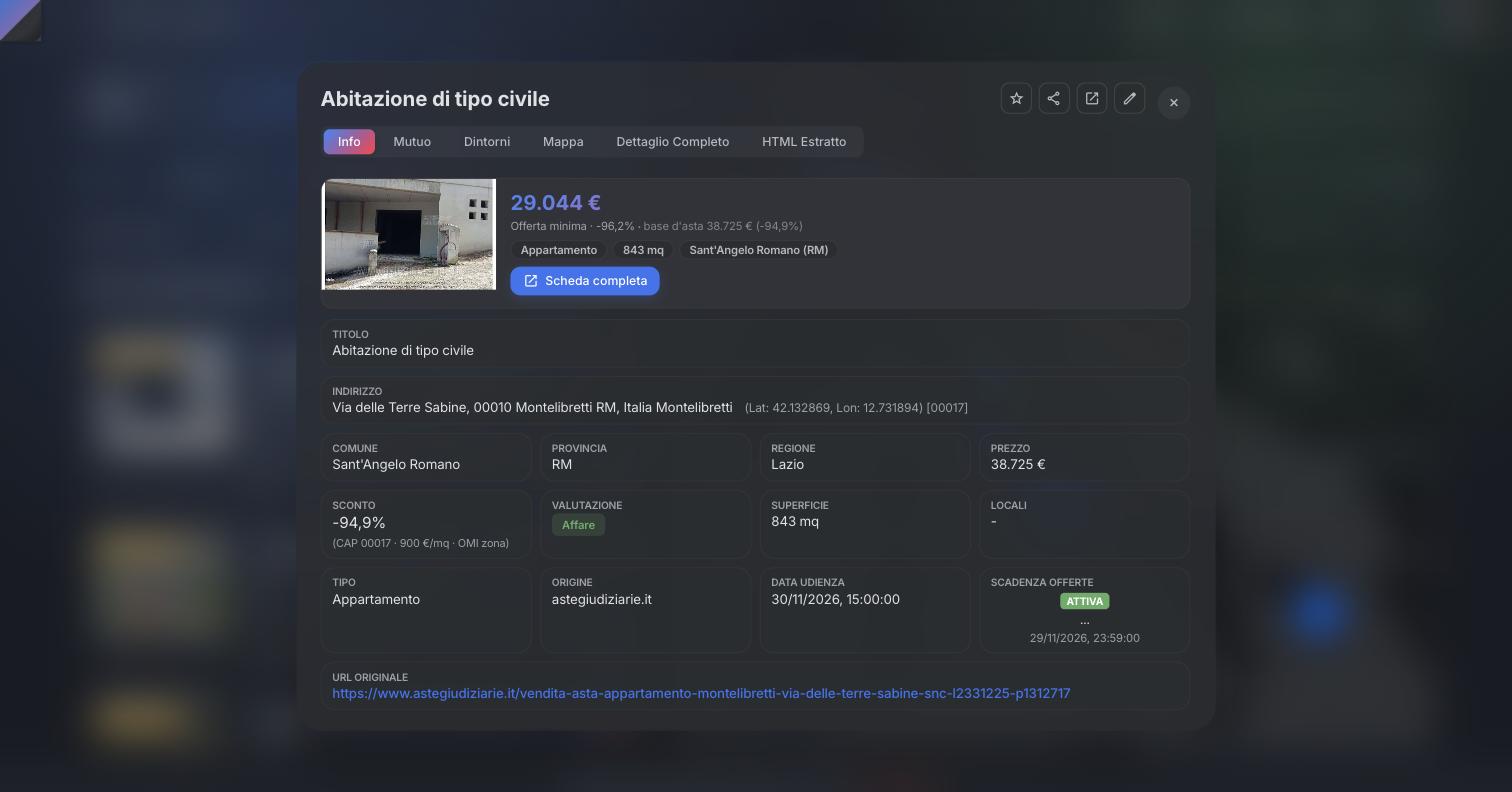 Scheda di dettaglio di un immobile all'asta in Property Auctions: offerta minima, sconto sul prezzo stimato, valutazione di convenienza, dati del lotto e link al portale ufficiale